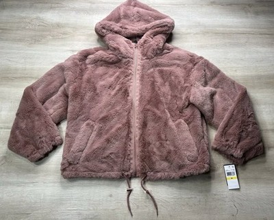 NWT Lucky Brand Womens Jacket Pink M Soft Faux Fur Hooded Drawstring