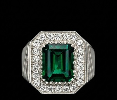 Emerald Cut Lab-Created Emerald Ring, Sterling Silver Statement Halo Jewelry
