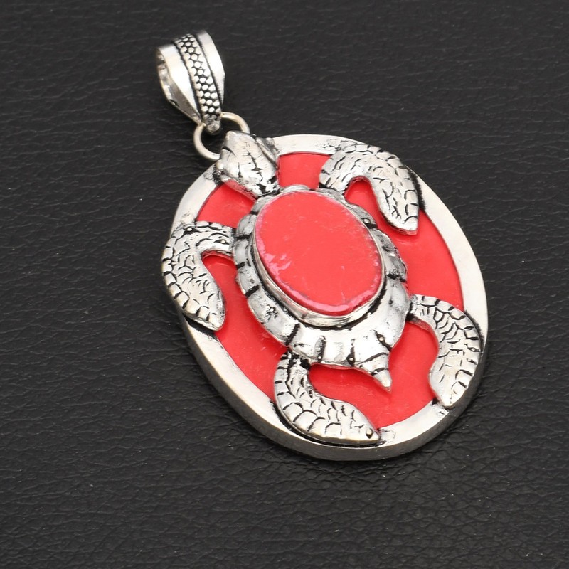 Coral Gemstone Handmade Tortoise Pendant Jewelry For Unisex 2.32" AP-37895