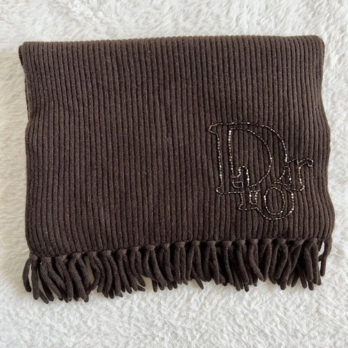Authentique foulard Christian Dior marron brodé 157 x 27,5 cm saison hiver
