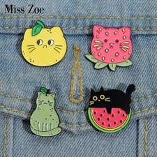 Fruit Cat Enamel Pins Custom Brooches Lapel Badges Strawberry Watermelon Pear Ca