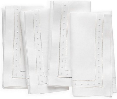 Linen Napkins Set of 4-100% Flax Linen White Dinner Napkins with Embroidered Dot