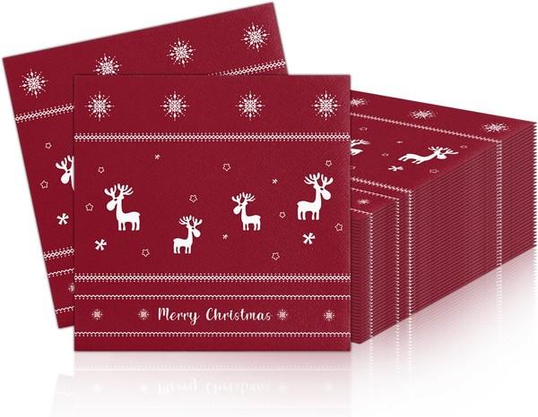 Servietten Weihnachten 40 StüCk Rot Mit Rentier Schneeflocken Muster Tischdeko-image