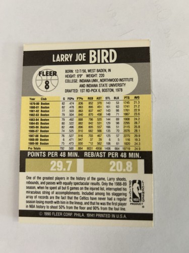 Larry Bird 1990-91 Fleer #8b Boston Celtics - Picture 2 of 2