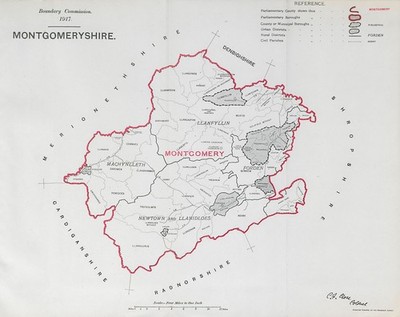 Montgomeryshire Parliamentary County. GRENZKOMMISSION. Schließen 1917 alte Karte