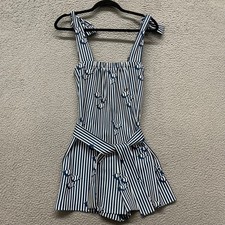 Vintage Playsuit Womens S Blue Striped Nautical Romper 60's 70's Retro Beach