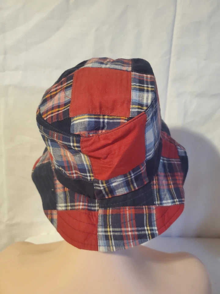 Liz Claiborne Patchwork Cuadros Sombrero Cubo Rojo Azul De Colección Algodón Hecho en Taiwán Foto 3 de 4