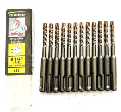 12 DIAGER BOOSTER 1/4'' SDS PLUS CARBIDE TIP MASONRY HAMMER DRILL BITS 2''x4''