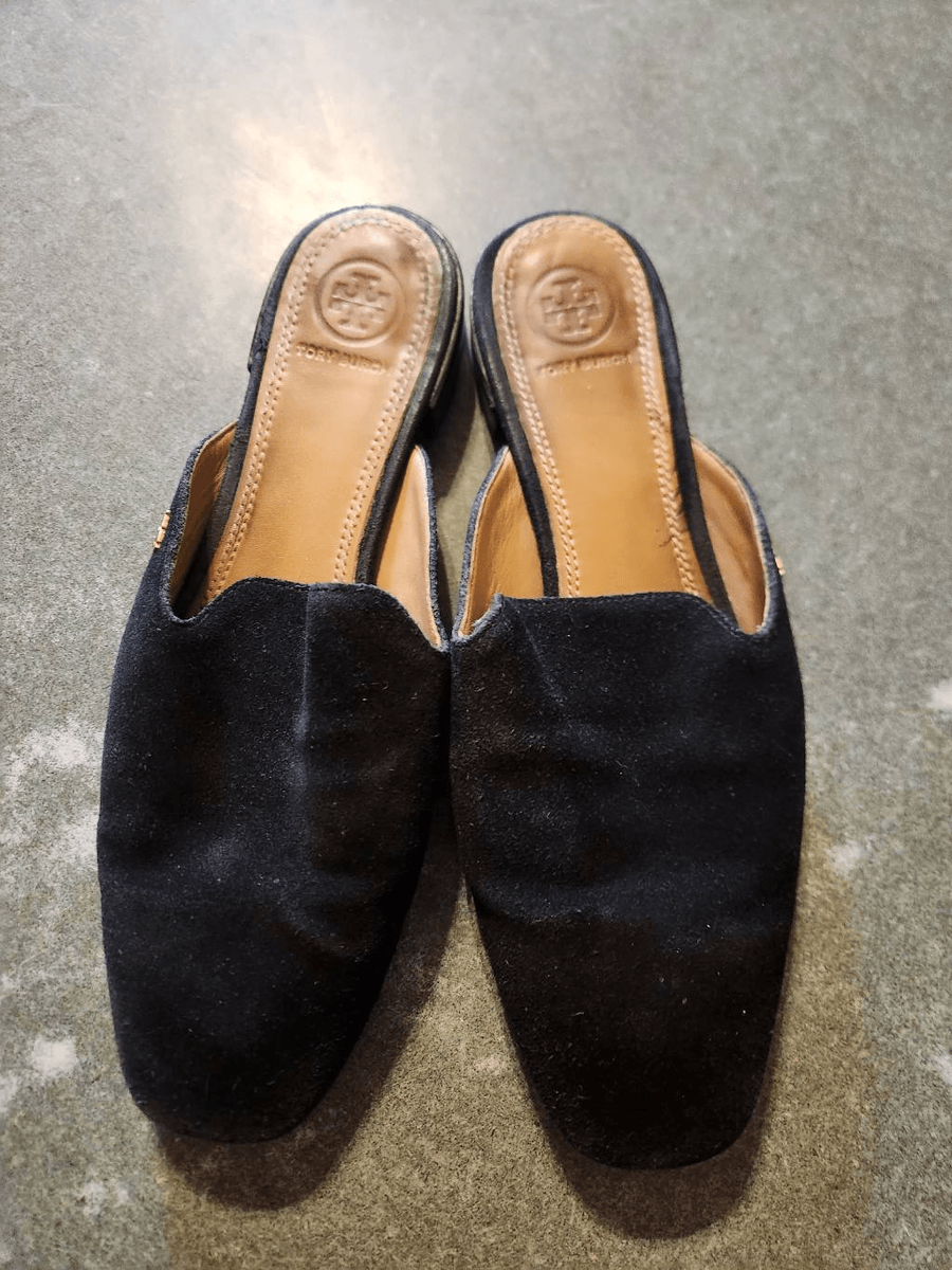 Tory Burch Carlotta” black suede mules size
