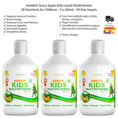 Swedish Nutra Super Kids Liquid Multivitamin - 28 Nutrients for Children 3x500ml