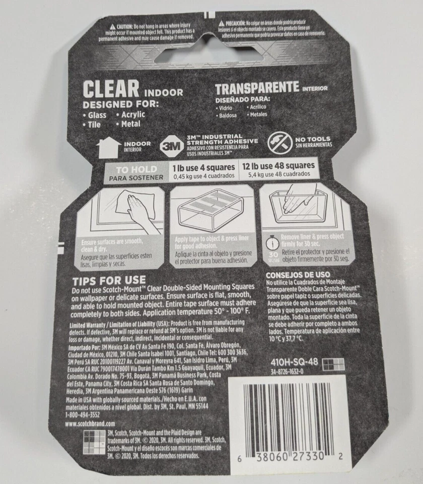3M Scotch Mount Double-Sided Mounting Square Clear 2 Packs 48 Ea Pk Holds 12 lbs - Image 2 of 2