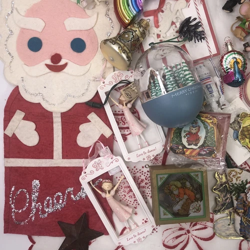 Christmas Kitsch Ornament Lot Felt Plastic Burlap Glass Die Cuts Old New Mix