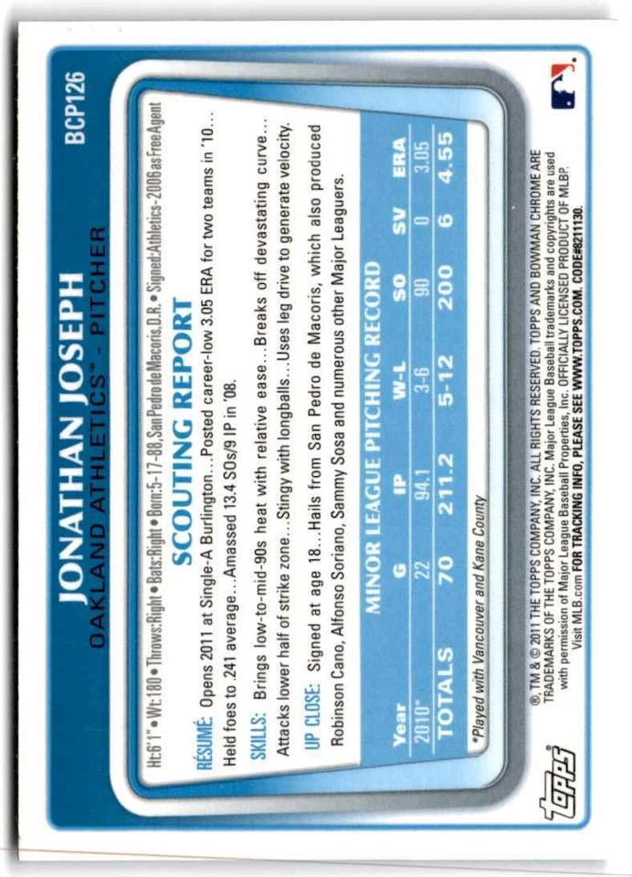 2011 Bowman Chrome Prospects Jonathan Joseph Oakland Athletics #BCP126 - Image 2 of 2