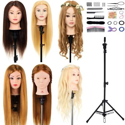 NEVERLAND BEAUTY & HEALTH 22''-28'' Real Hair Training Head Hairdressing Mannequin Doll&Tripod Holder