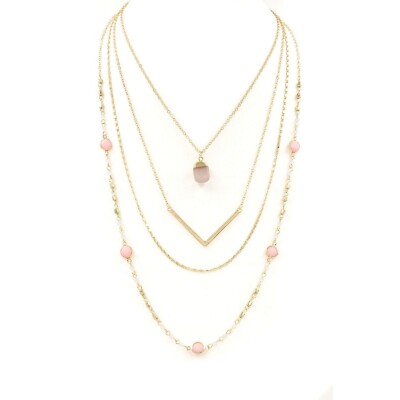 TRENDING FASHION Rose Opal Acrylic Stone Layered Style Goldtone Necklace NWT