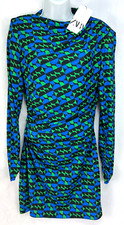 ZARA Dress M Unique Design Blue/Green Geometric Long Sleeves Pleating Gathers