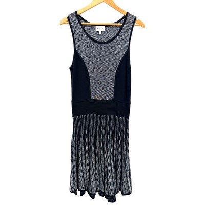 Milly Black White Space Dye Mixed Knit Sleeveless Fit Flare Skater Dress Large
