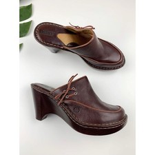 Born Mules Clogs Women's 8 Brown Leather Slip On Comfort Shoes Wedge Heels