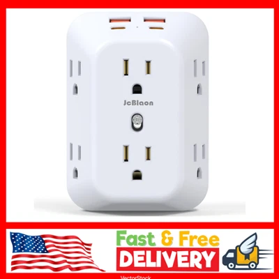 JCBLAON Multi Plug Wall Outlets, 6-Port Outlet Extender with 4 Charging USB Ports 4 Side
