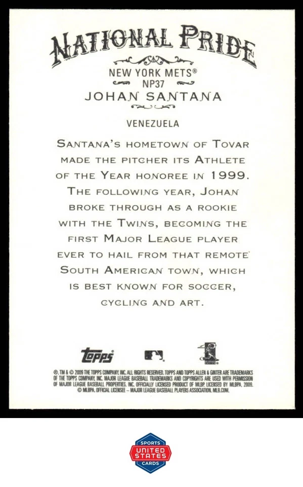 2009 Topps Allen & Ginter #NP37 Johan Santana National Pride - Image 2 of 2