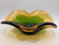 Murano Style Art Glass Bowl Green Amber Freeform Centerpiece 8.25"