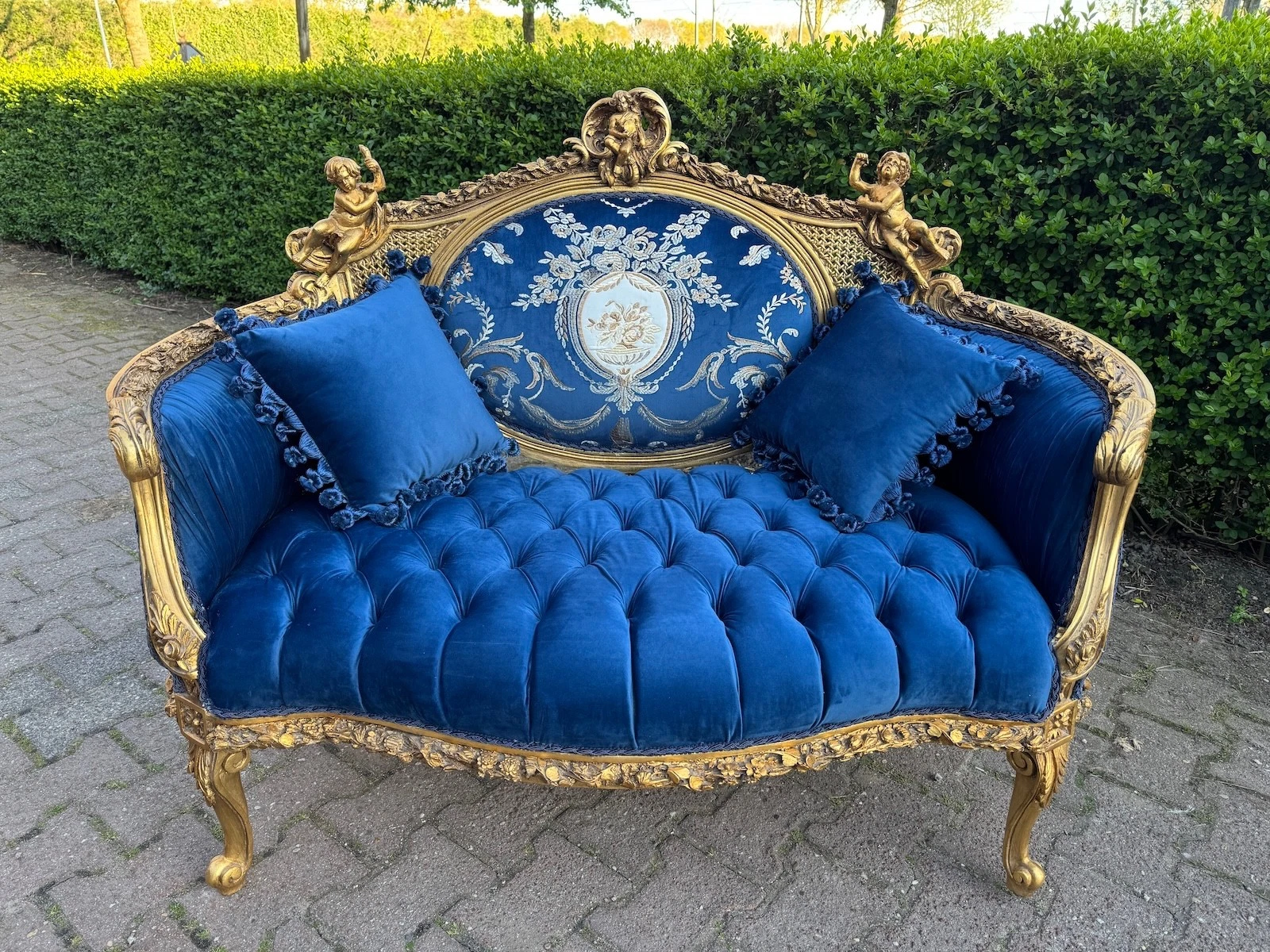 Sofa 1940 French Louis XVI Gold Beech Blue Velvet Corbeille Seat