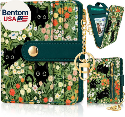 Black Cat Floral Rfid Women Wallet, Small Slim Thin Credit Card Wallet, PU Leath