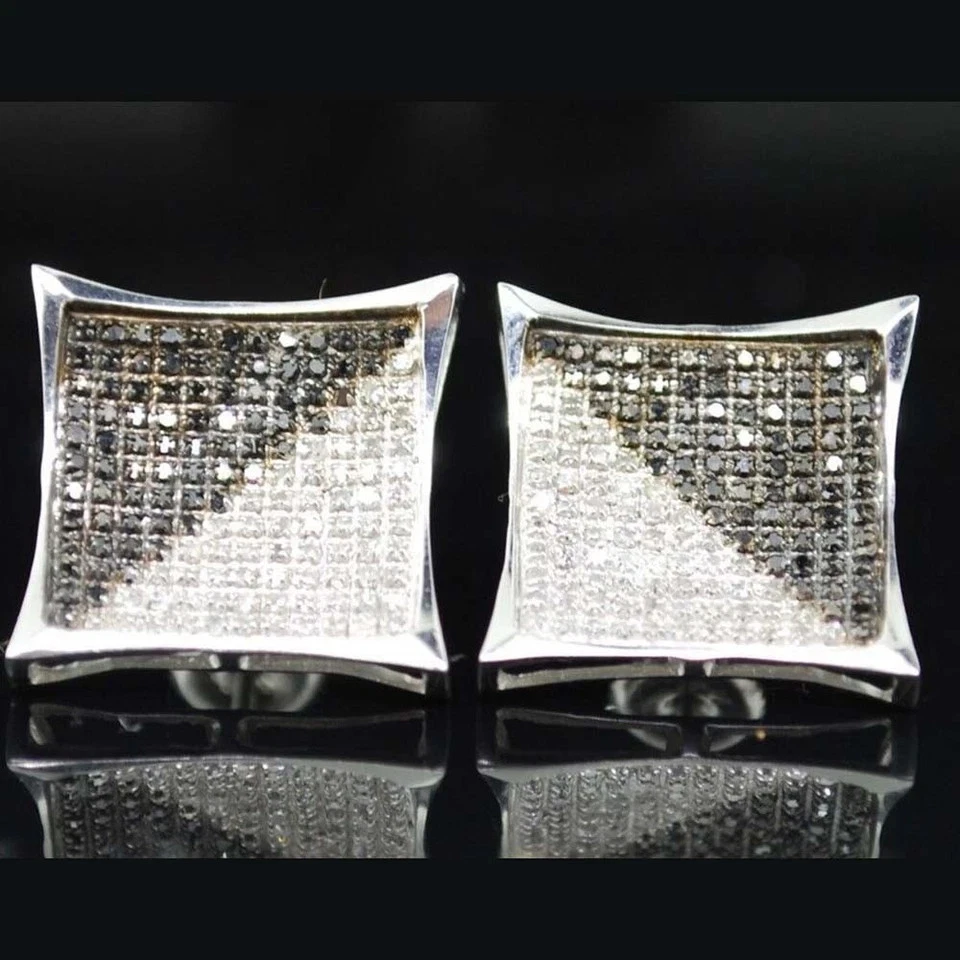 Brincos quadrados pavê folheados a ouro branco 14K com diamante preto corte redondo 1 quilate - Imagem 2 de 4