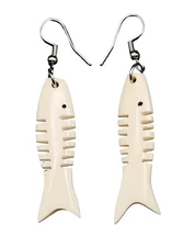 Hand Carved Tribal Fish Bone Earrings, Handmade Dangle Drop Fish Hook Bone Earri