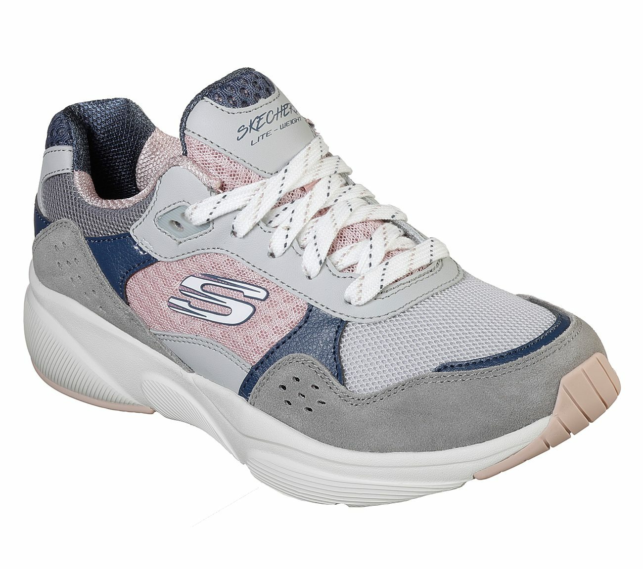 grey and pink sketchers