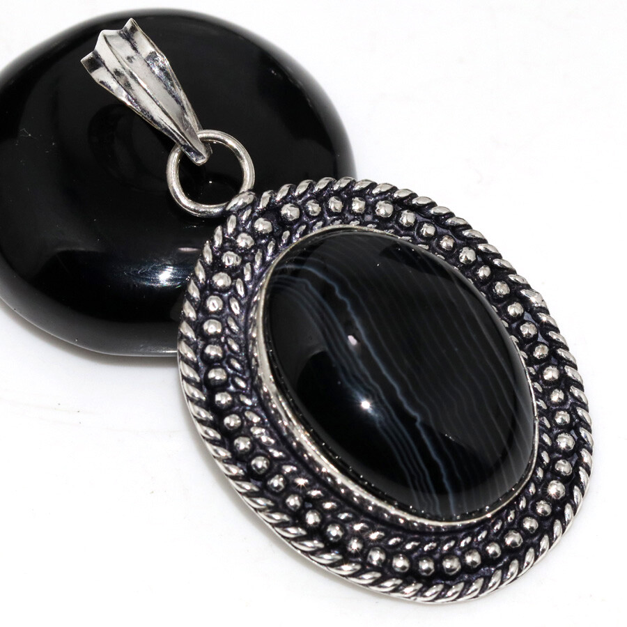 Banded Black Onyx 925 Silver Plated Gemstone Pendant 1.9