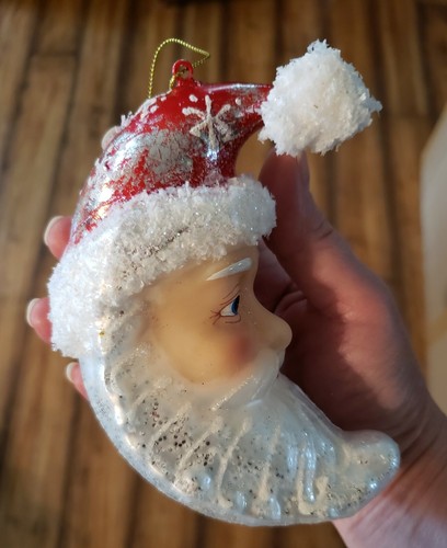 NWT Sullivan Large 5" SANTA Crescent Red White GLASS Mica Glitter CHRISTMAS ORN - Picture 4 of 9