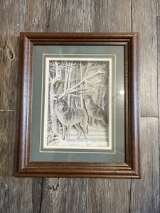 VTG Wood Shadow Box 3D Popup Art Wolf Gang Snow Landscape Art 1990s J. Thompson