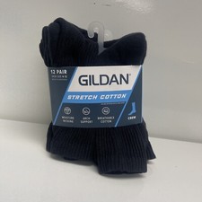 Gildan Men's Stretch Cotton Crew BLACK Socks Shoe Size 6-12 12 pairs