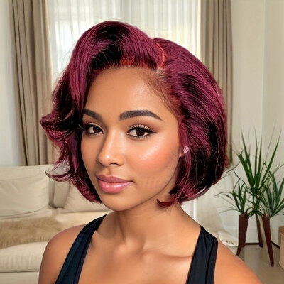 100% Human Hair Wig 13x4 Short Bob Wig Pixie Cut 99J straight Lace Front Wigs