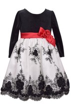 Bonnie Jean Girl Black White Long Sleeve Embroidered Velvet Holiday Dress 2T- 4T