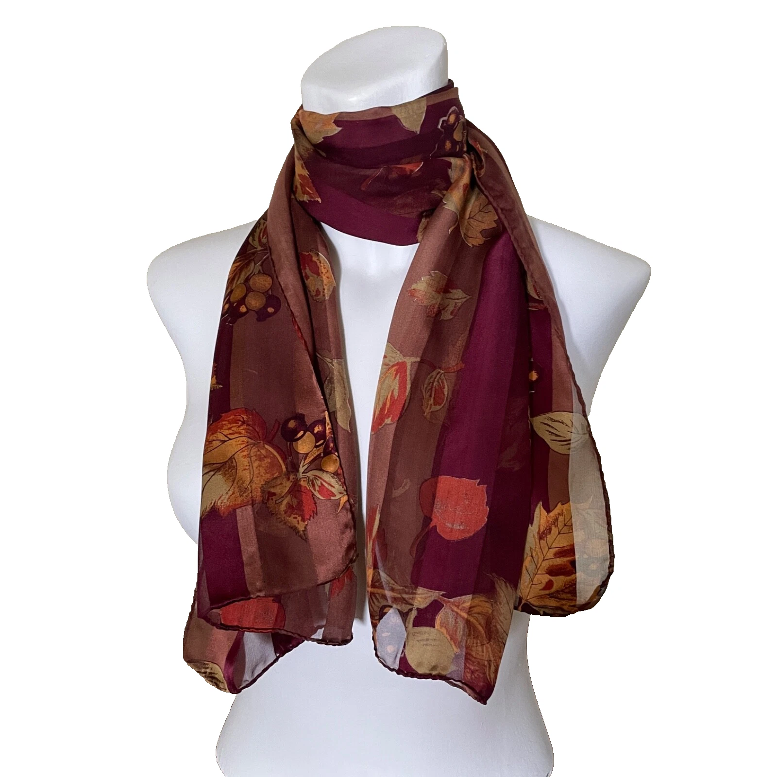 Fall Leaves Striped Scarf – 60" x 14" Sheer Burgundy & Brown Autumn Wrap