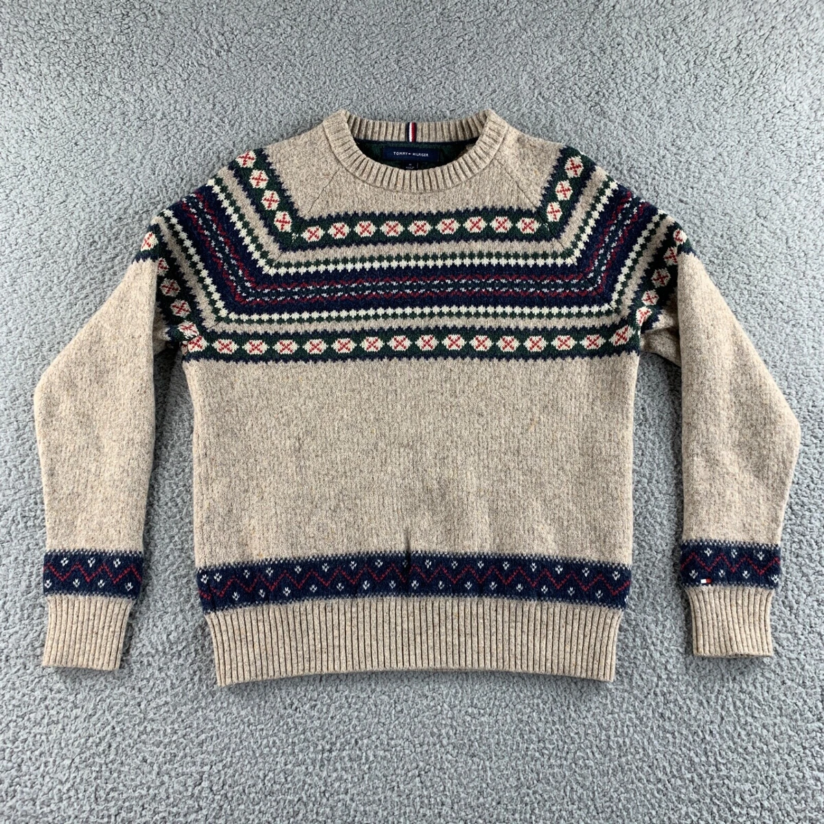 NEW Tommy Hilfiger Sweater Womens Medium Beige Nordic Fair Isle Lambs Wool Yak