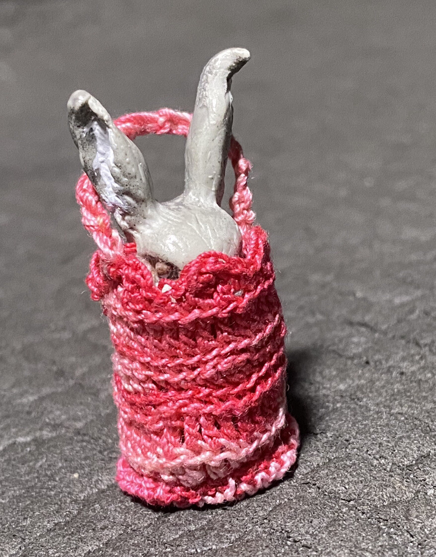 Dollhouse Miniature Fuchsia Basket with Bunny Rabbit Artisan Made Hand ...