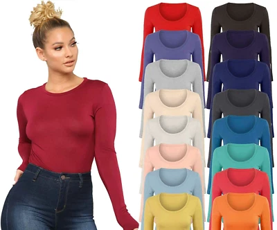 Women Long Sleeve Plain Ladies Stretch Round Scoop Neck T Shirt Top - Image 1 of 2