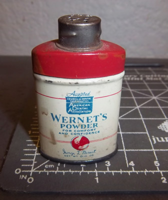 Vintage Wernets powder small tin, empty, great graphics, false teeth powder