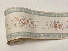 Teal Pink Tea Rose Flower Floral Vine Leaf Cream Country Mini Wall paper Border