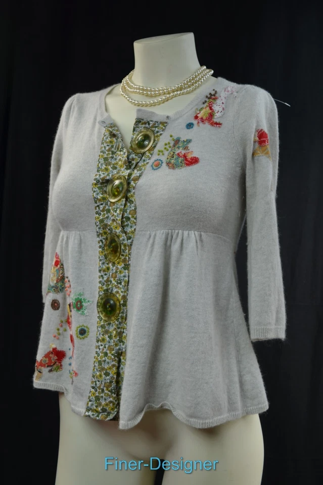 ANTHROPOLOGIE HWR Cárdigan Suéter Punto Fino Shabby Embellecido Top Cachemira XS Foto 4 de 4