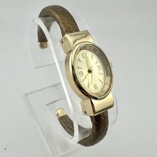 Womens Watch 20mm Champagne Dial Gold Tone Oval Bangle Brown Faux Leather Sz 6"