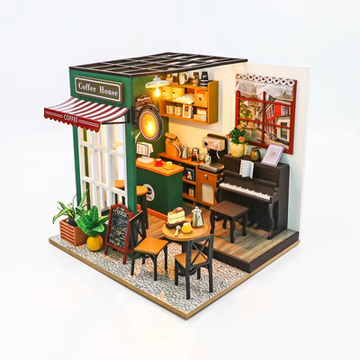 DIY 3D Wooden Dollhouse Miniature Kit Coffee House Model Building Puzzle Toy