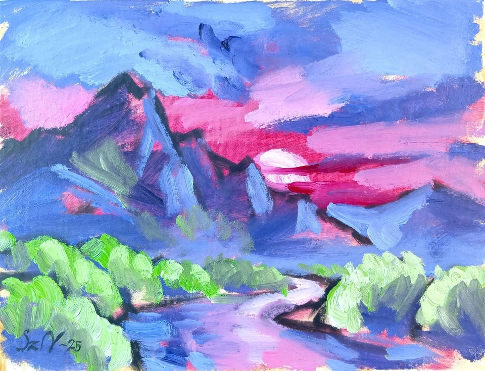 Pintura al óleo original 12x16 lienzo puesta de sol río valle neoexpresionista Foto 4 de 4