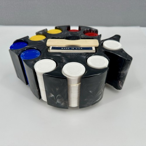 Spade Shaped Poker Chip Caddy Card Holder Black Marble Bakelite Spinning Handle - Picture 2 of 17