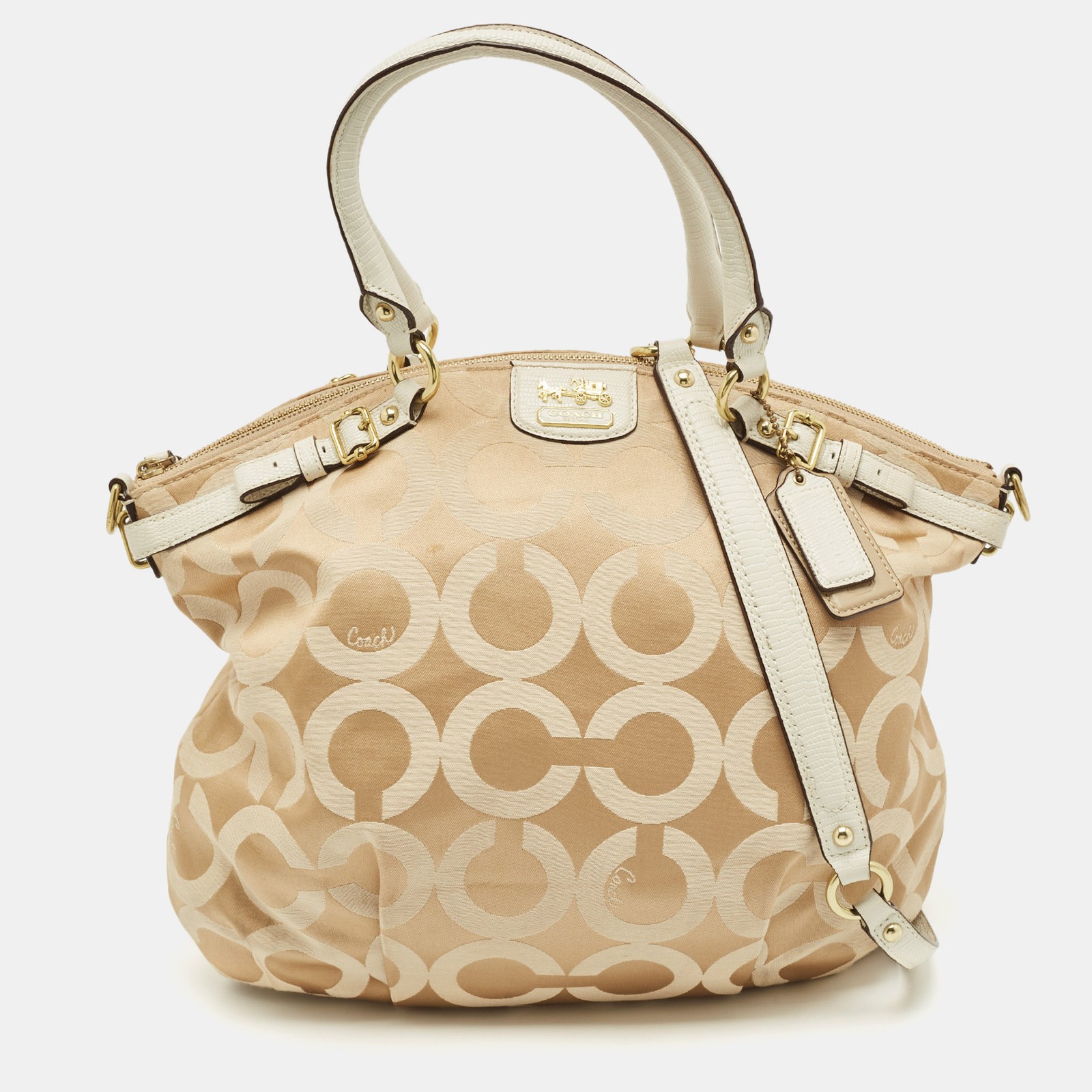 Coach Signature Canvas Sophia Tote in White & Beige