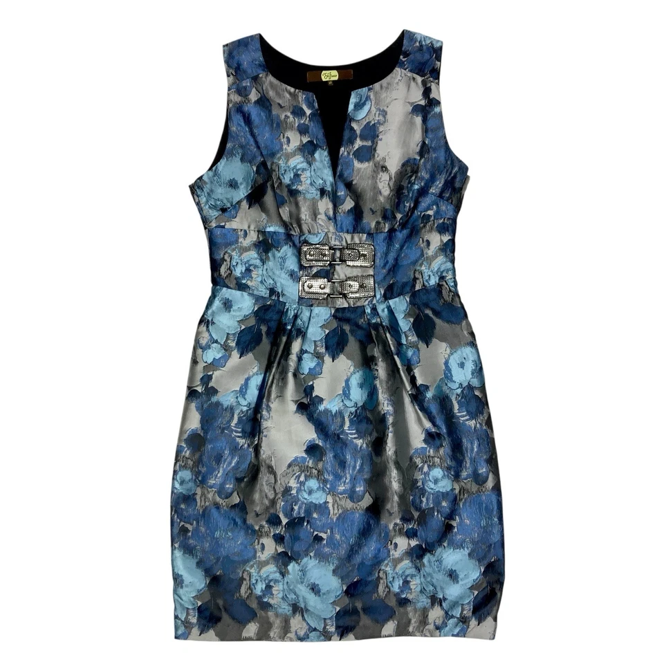 Vestido Eva Franco Mujer 10 Azul Floral Acentos Metálicos Ropa de Noche Formal Fiesta Foto 2 de 4