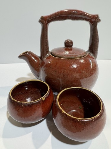 Set teiera vintage in gres smaltato sale rosso con manico quadrato 2 tazze abbinate